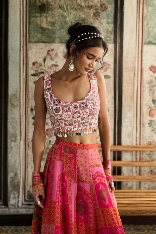IVORY BUTTA PRINT AND HIGHLIGHTED SQUARE NECK BLOUSE WITH YELLOW-FUSCHIA PRINT SHARARA SET