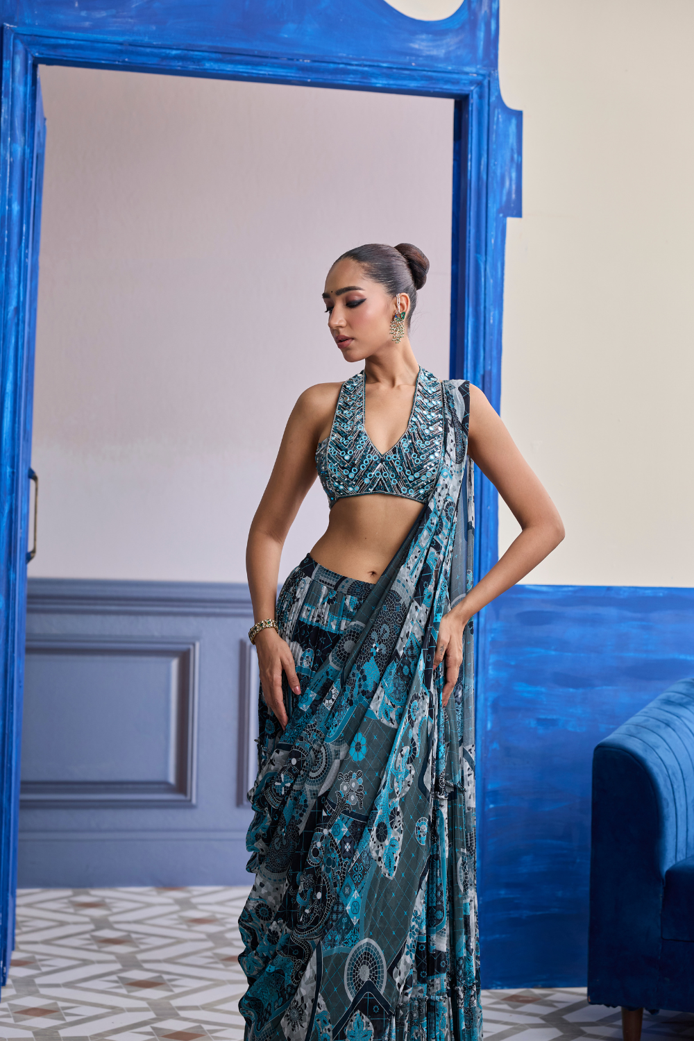 Teal Mosaic Halter Blouse with Tiered Skirt Saree Set