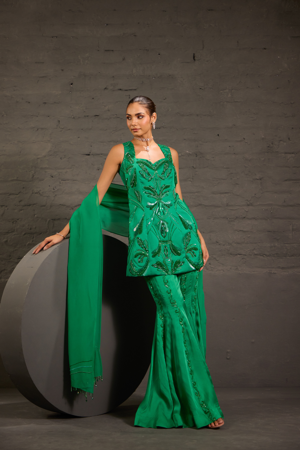 Hand Embroidred Emerald Green Short Tunic With Sharara & Dupatta Set