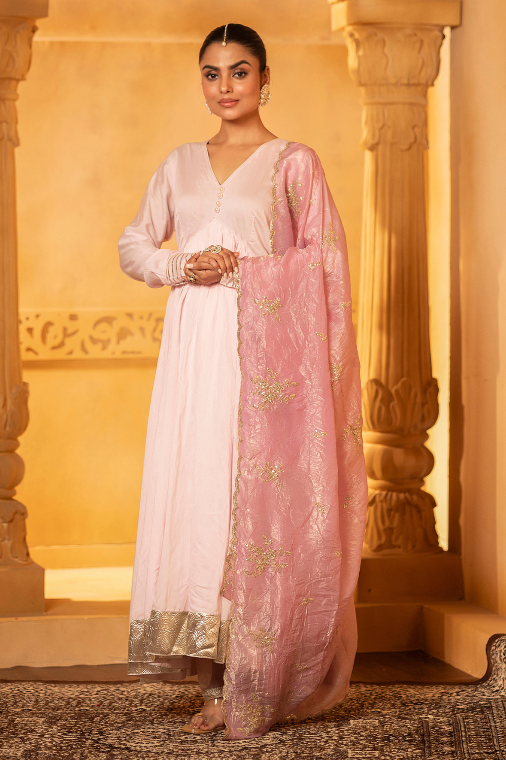 Pink Chanderi Anarkali Set