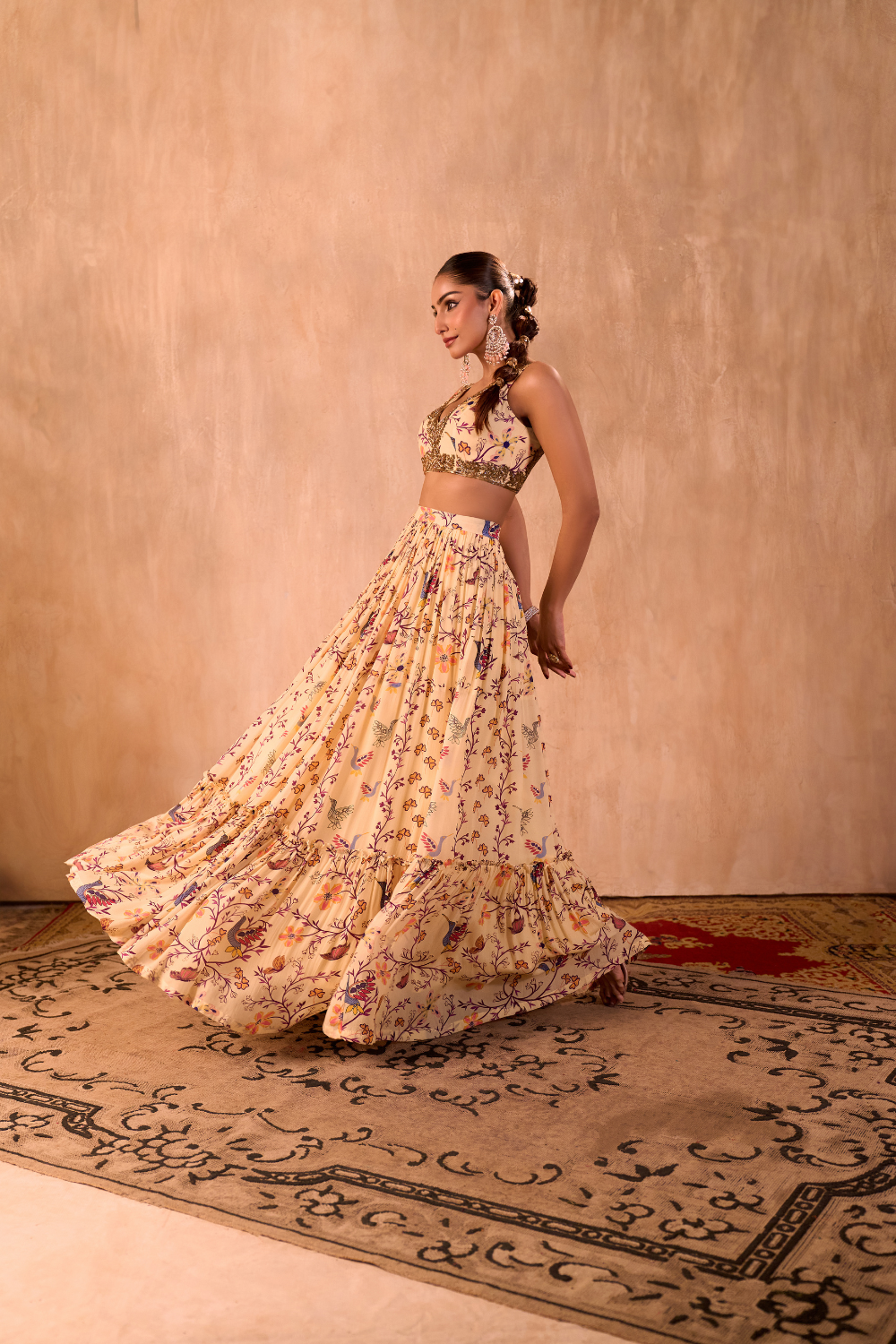 IVORY PRINT EMBROIDERED CHOLI, LAYERED LEHENGA AND DUPATTA SET