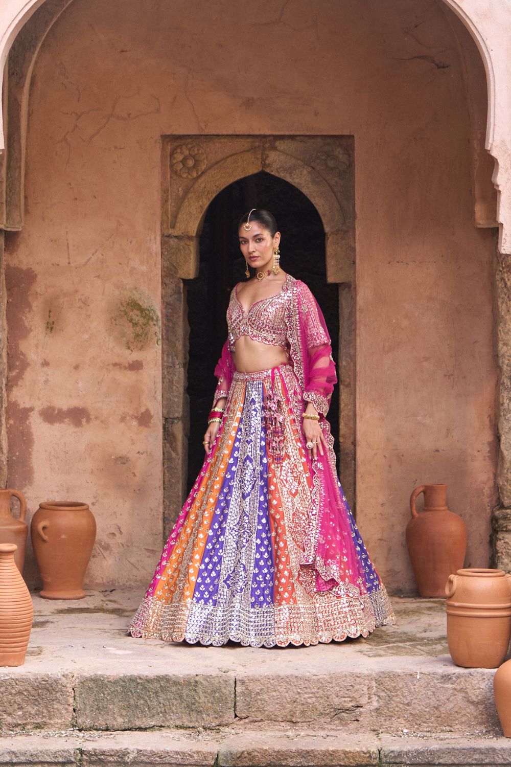 PRISM — Multicolored Raw Silk Lehenga Set with Contrast Blouse