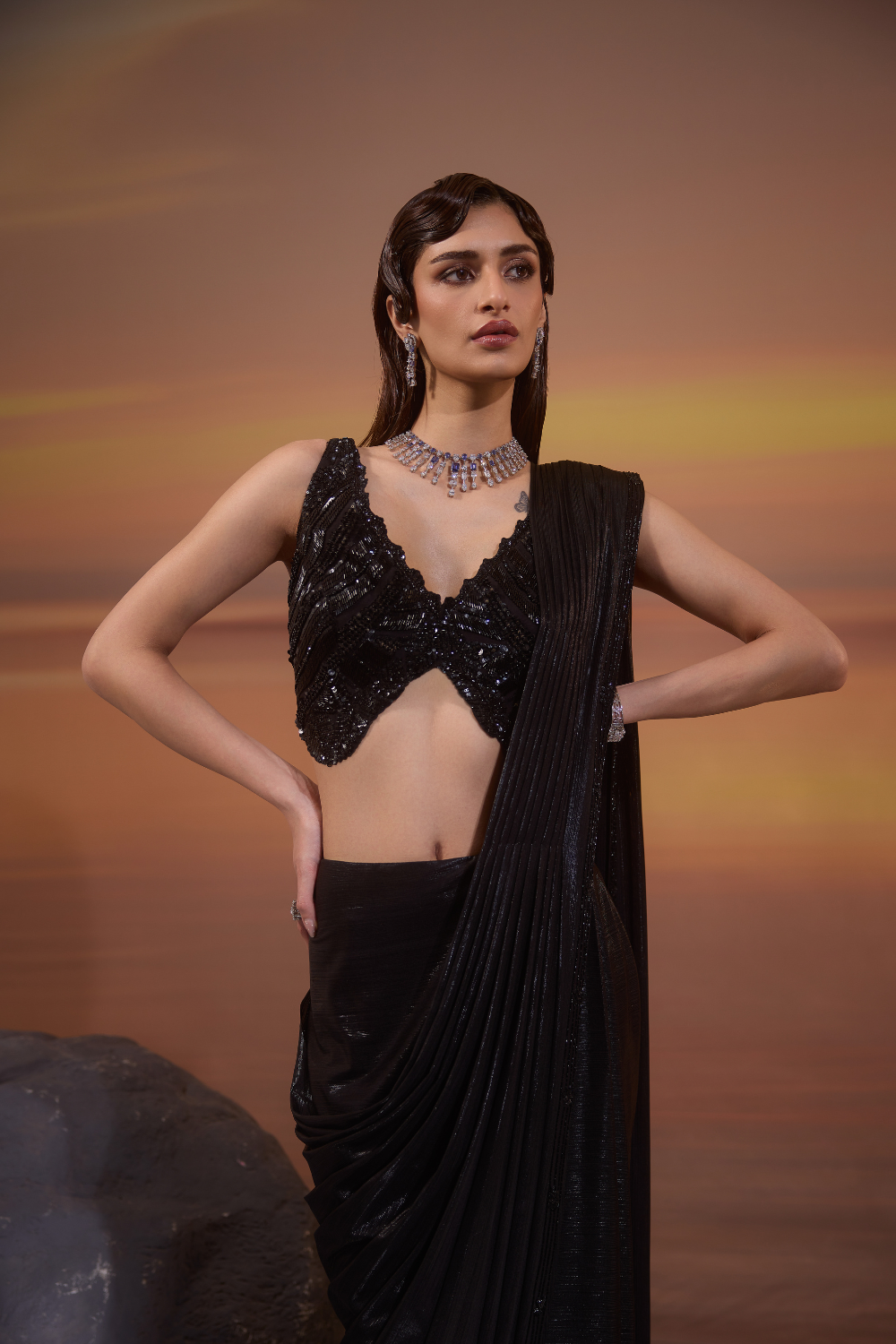 Black Drape Saree with Embellished Blouse