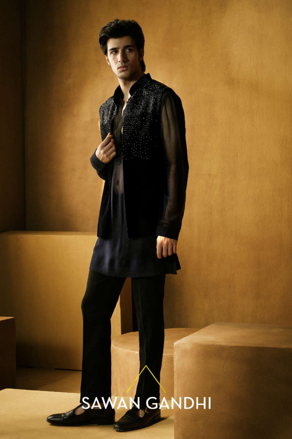 NAVY BLUE VELVET NEHRU