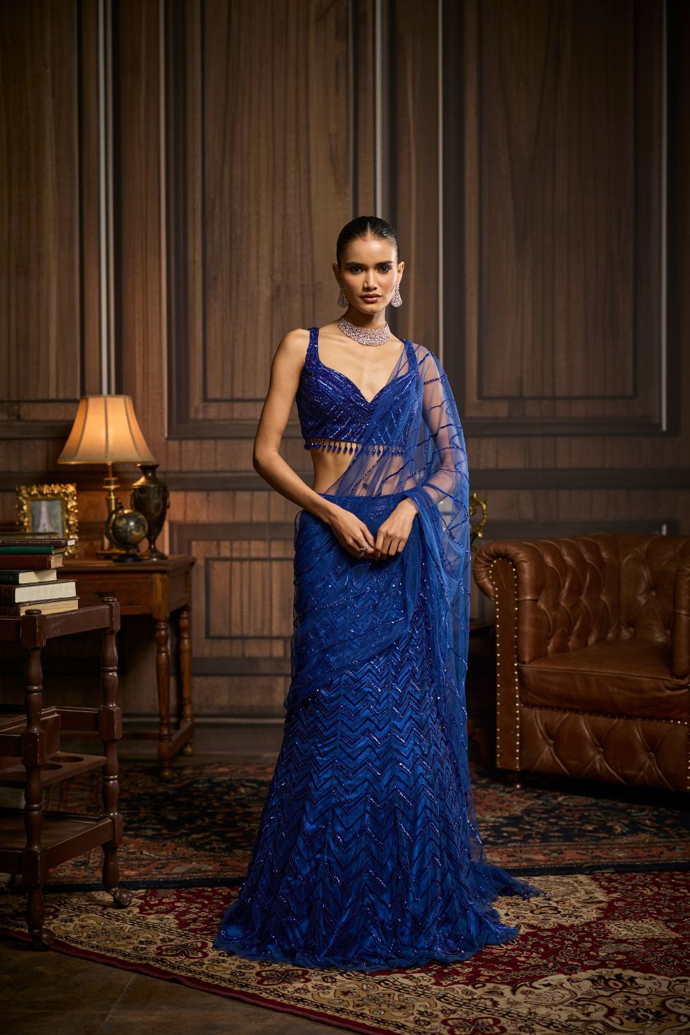 ELECTRIC BLUE EMBELLISHED PRE-DRAPED SKIRT SAREE SET