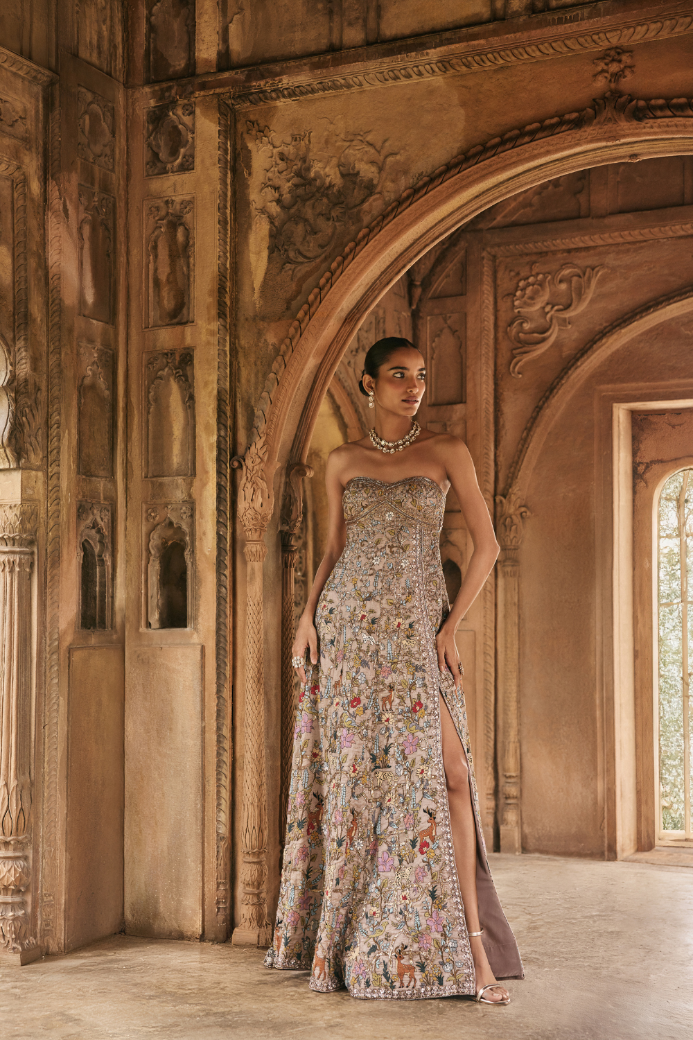 Multi-coloured, mauve, hand-embroidery, tissue, gown