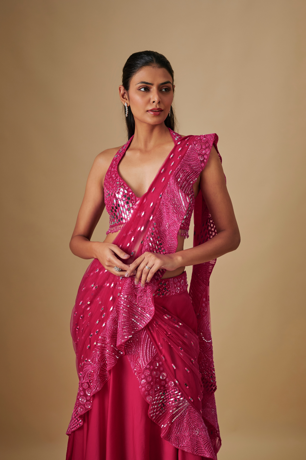 Pluvia- Fuchia Drape saree Tulle Blouse Border Pallu