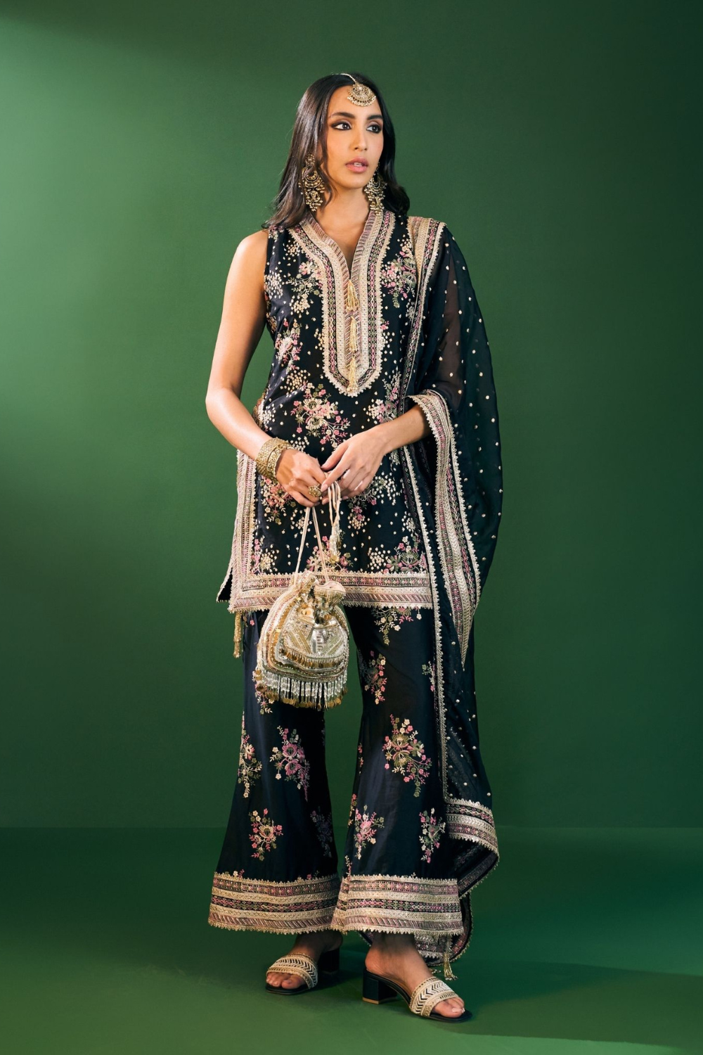 Lami Pima Satin Black Kurta With Flared Bell-Bottom Pants