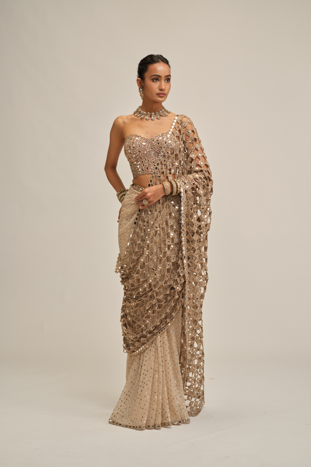 Light Beige Cutwork Pallu Saree with Corset Set