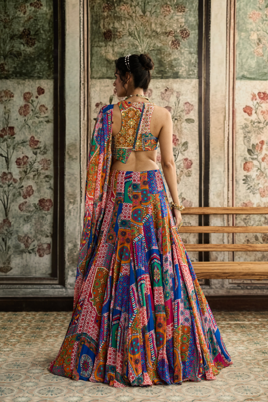 MULTI-COLOR  PRINT AND HIGHLIGHTED RACERBACK BLOUSE WITH GODET SKIRT SET