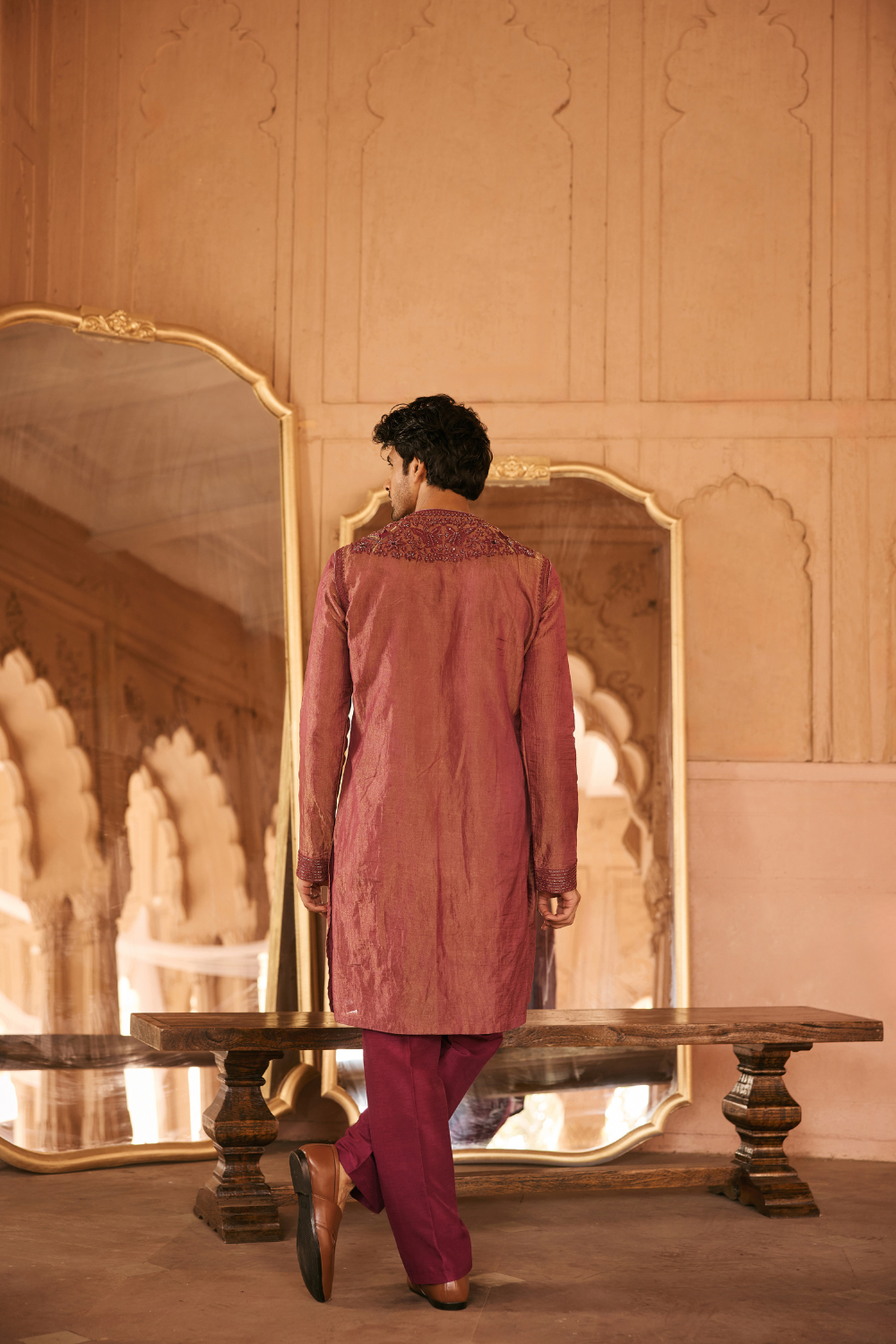 Wine, dori embroidery, tissue, kurta set