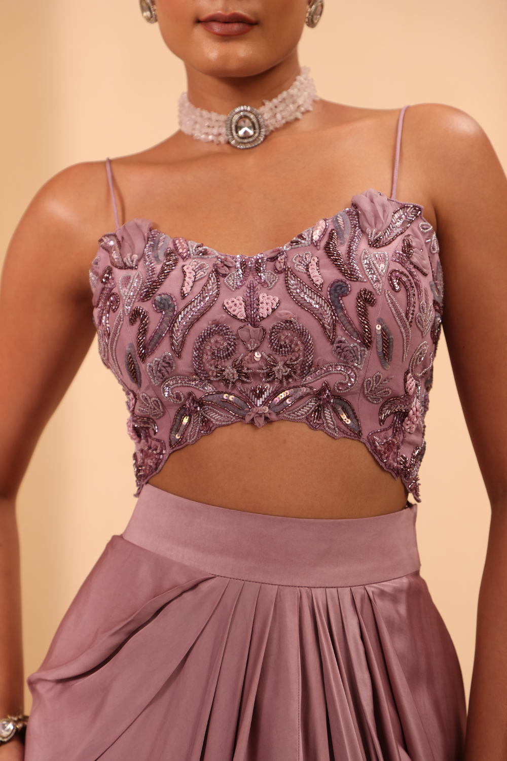 Purple Hand Embroidered Strappy Blouse with Drape Skirt