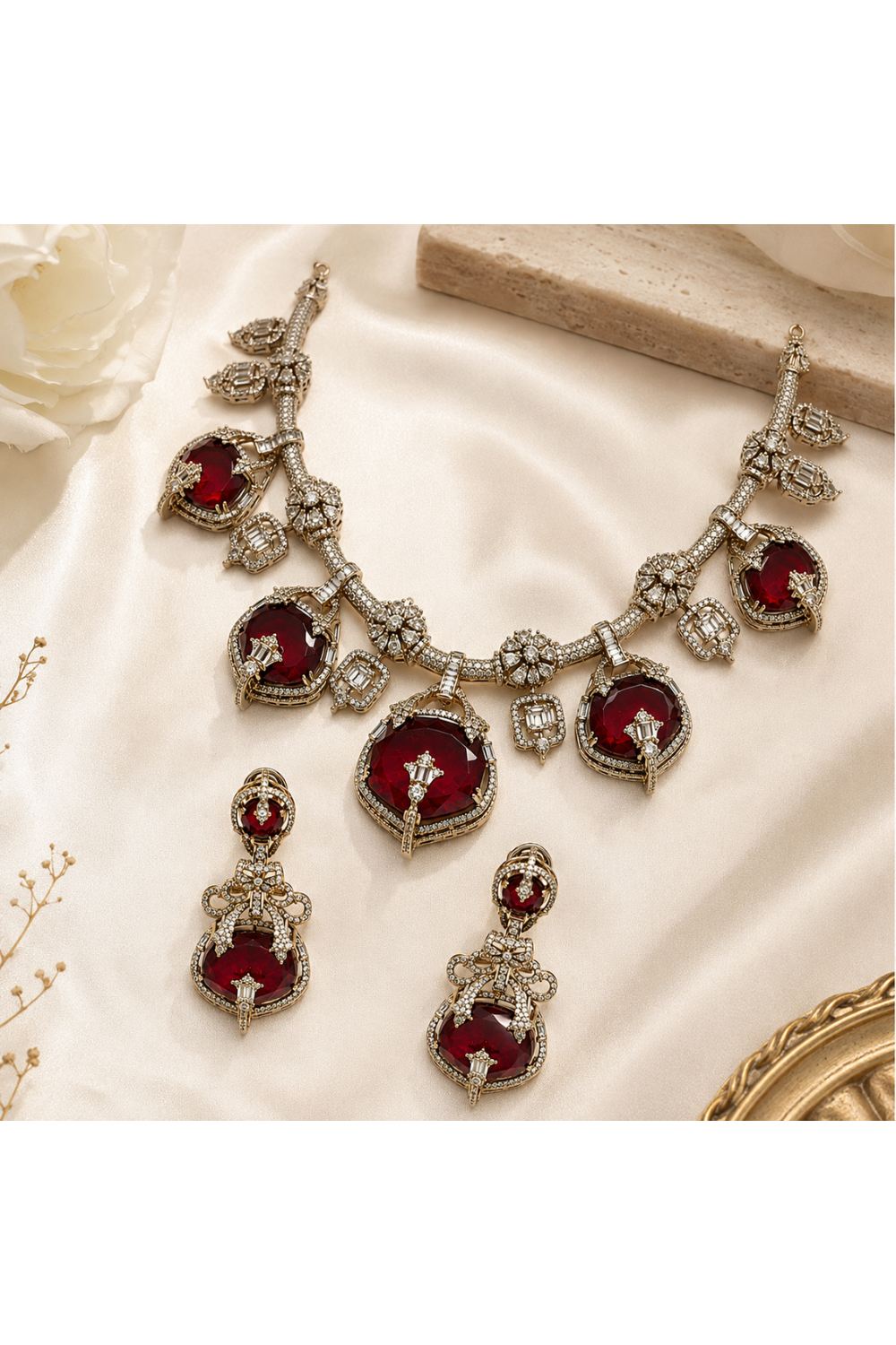 Ruby Semi-Precious Stone Moissanite Necklace Set