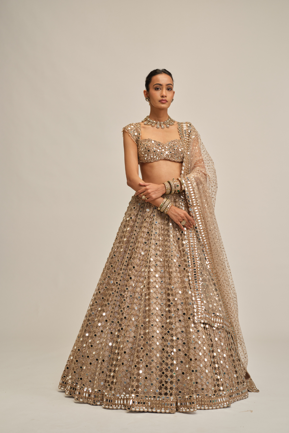 Light Beige Big Mirror Cutwork Lehenga Set