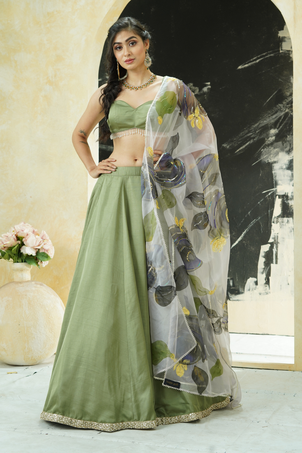 Sage Green lehenga set with hand painted  dupatta