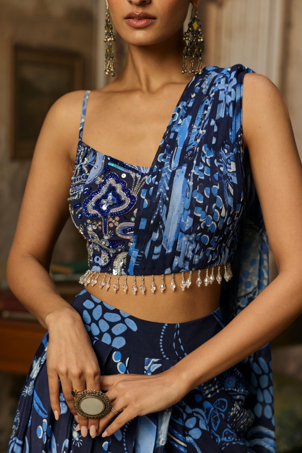 NAVY BLUE PRINTED DRAPE ASYMMETRIC CROP TOP AND SKIRT SET