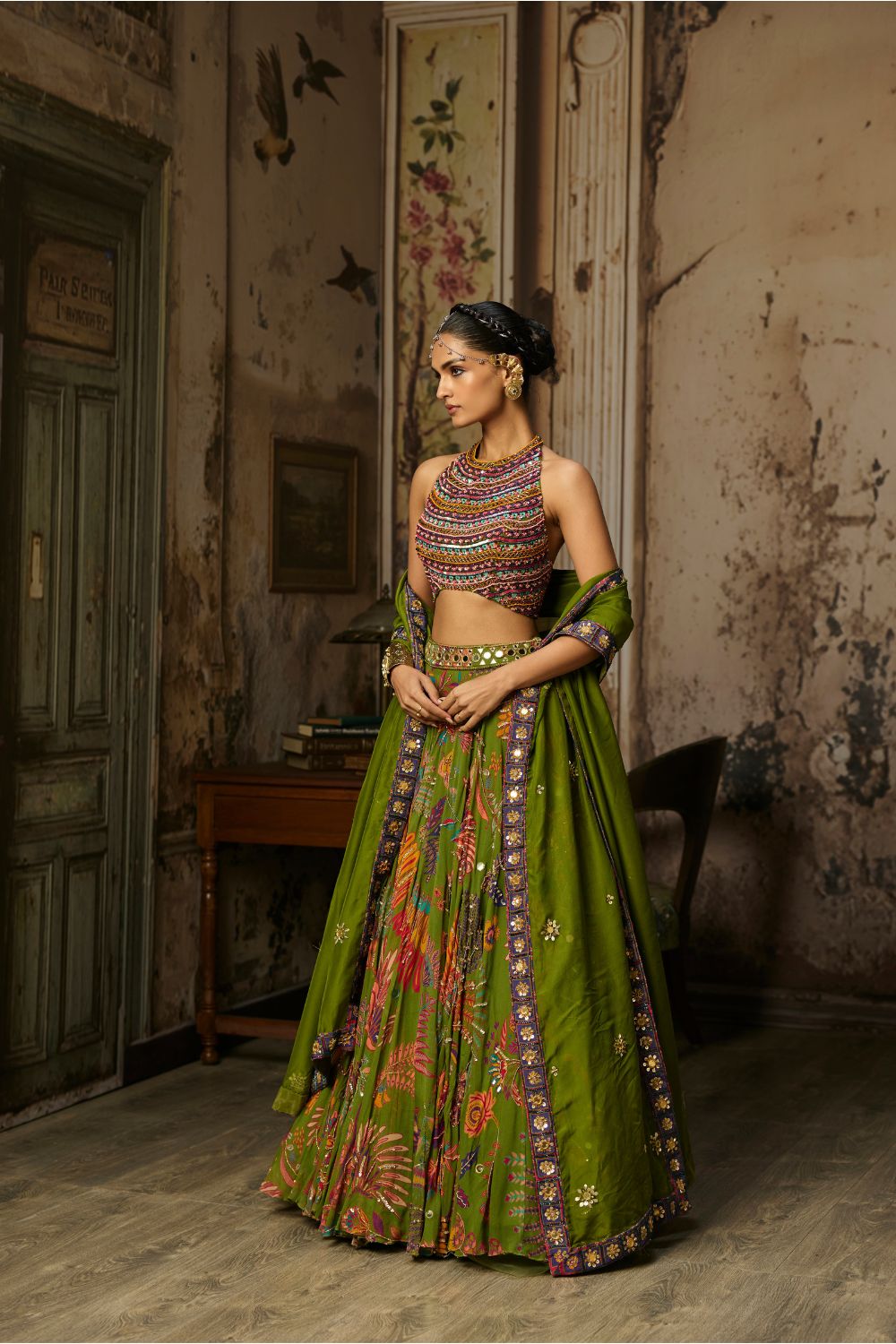 COLORFUL EMBROIDERED BLOUSE WITH PEAR GREEN LEHENGA SET