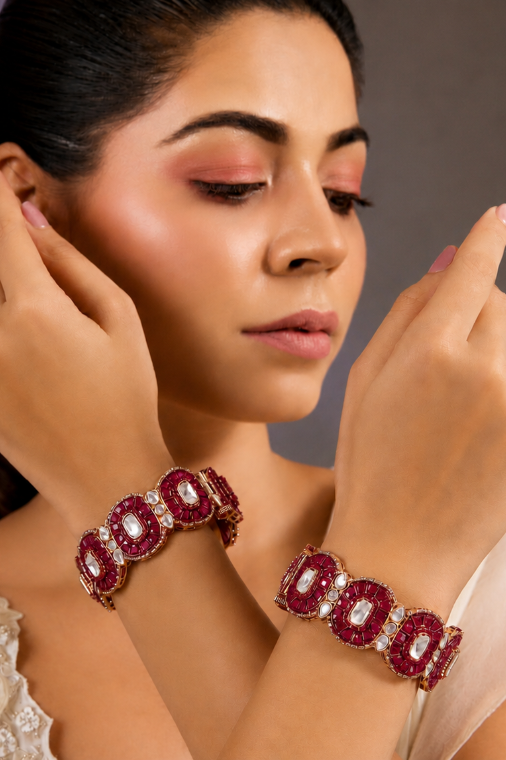Pink Moissanite Polki Statement Kada Bangle Pair