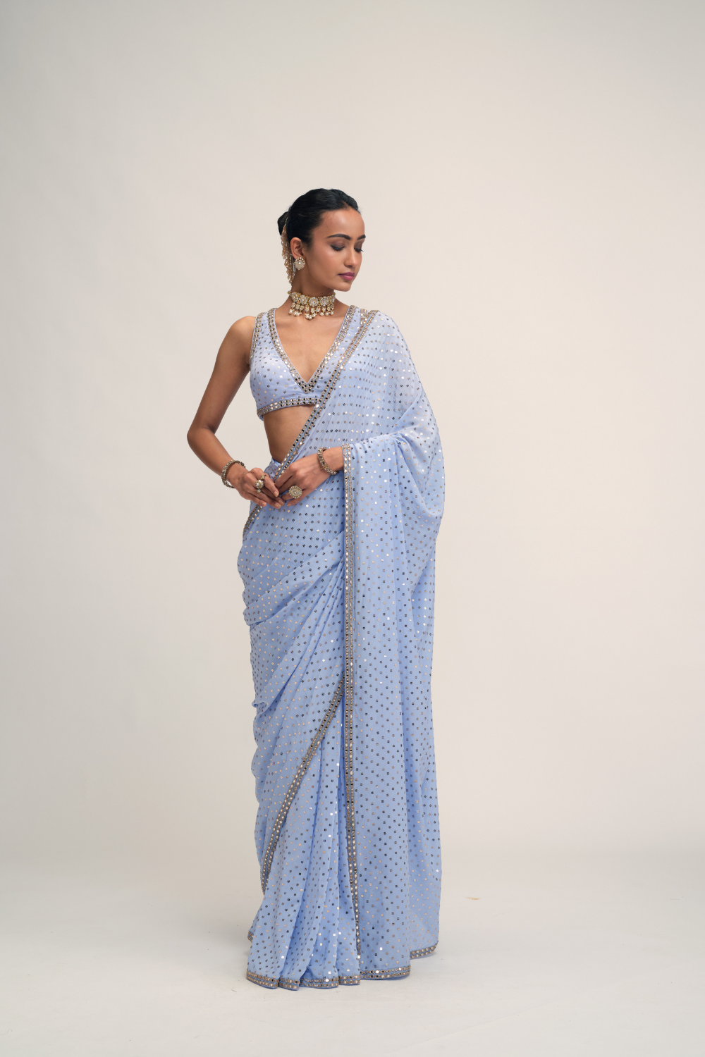Dew Blue Sequins Embroidered Saree Set
