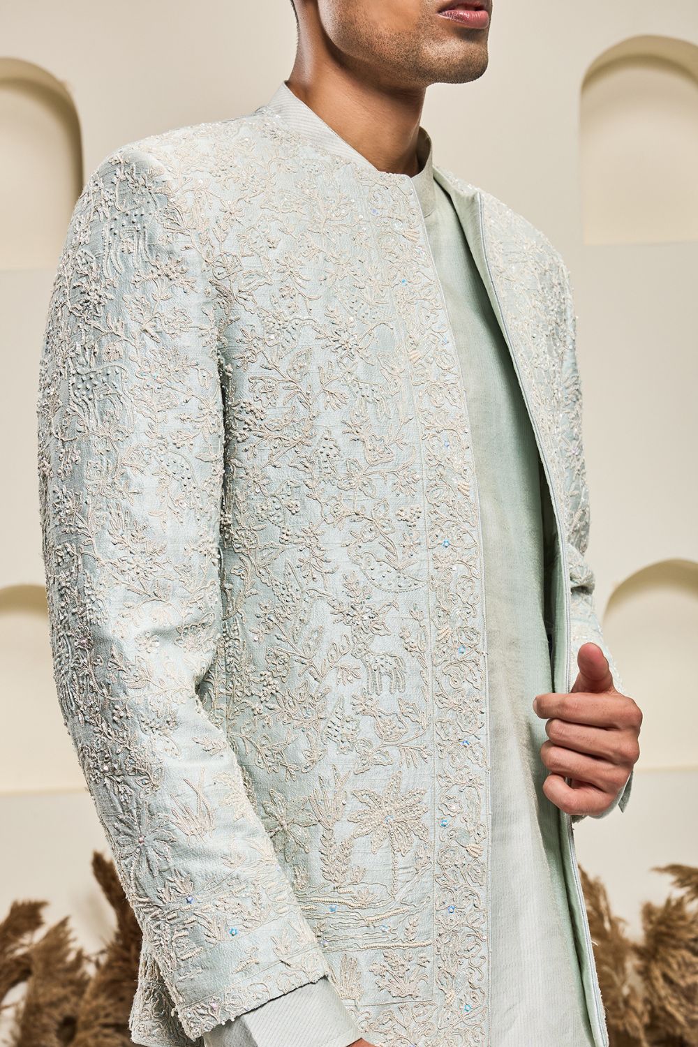 Iceblue open bandhgala   with thread , sequins & pearl  work