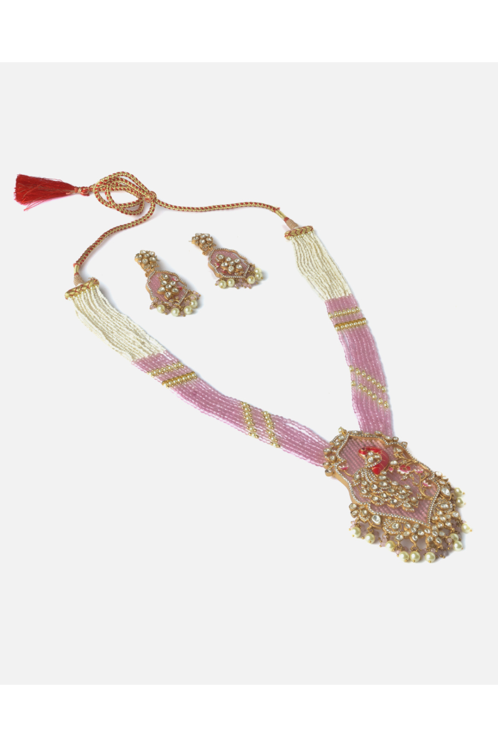 Moissanite Polki Pink Peacock Beaded Statement Necklace Set