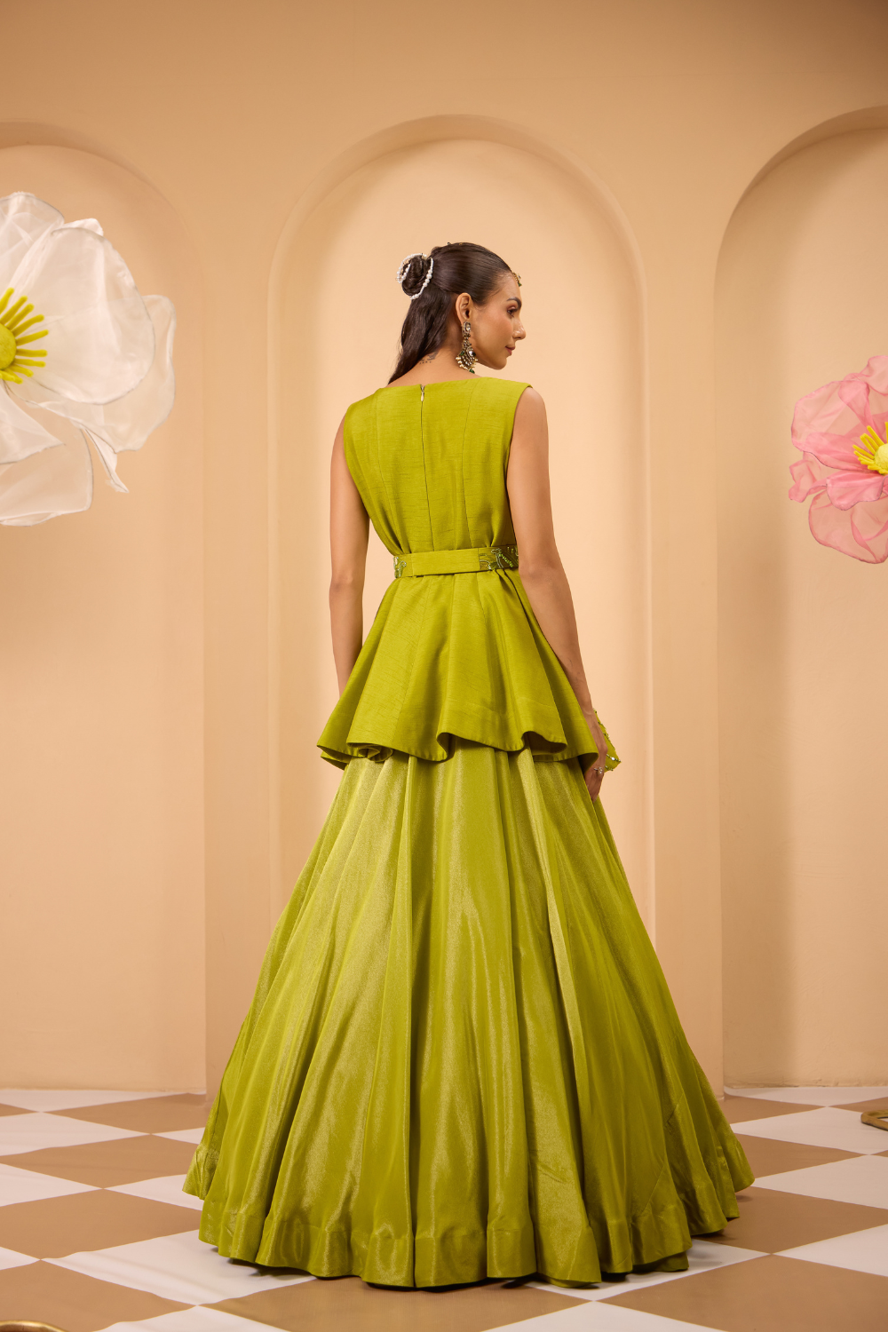 Green Hand Embroidered Peplum W/Lehenga & Dupatta