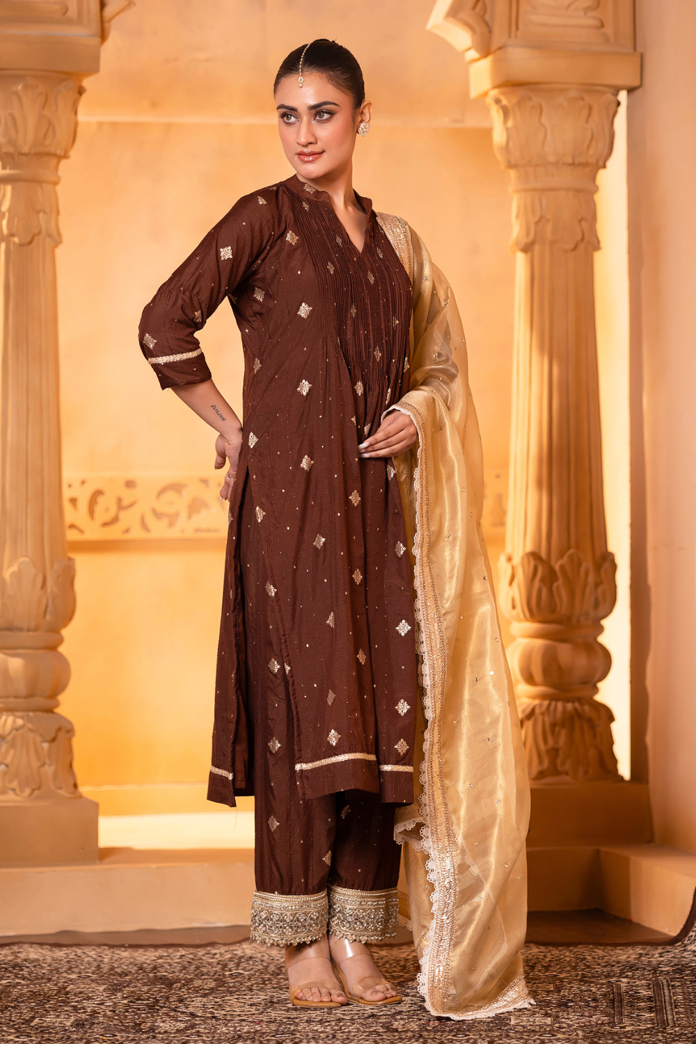 Brown Pintuck Kurta Set