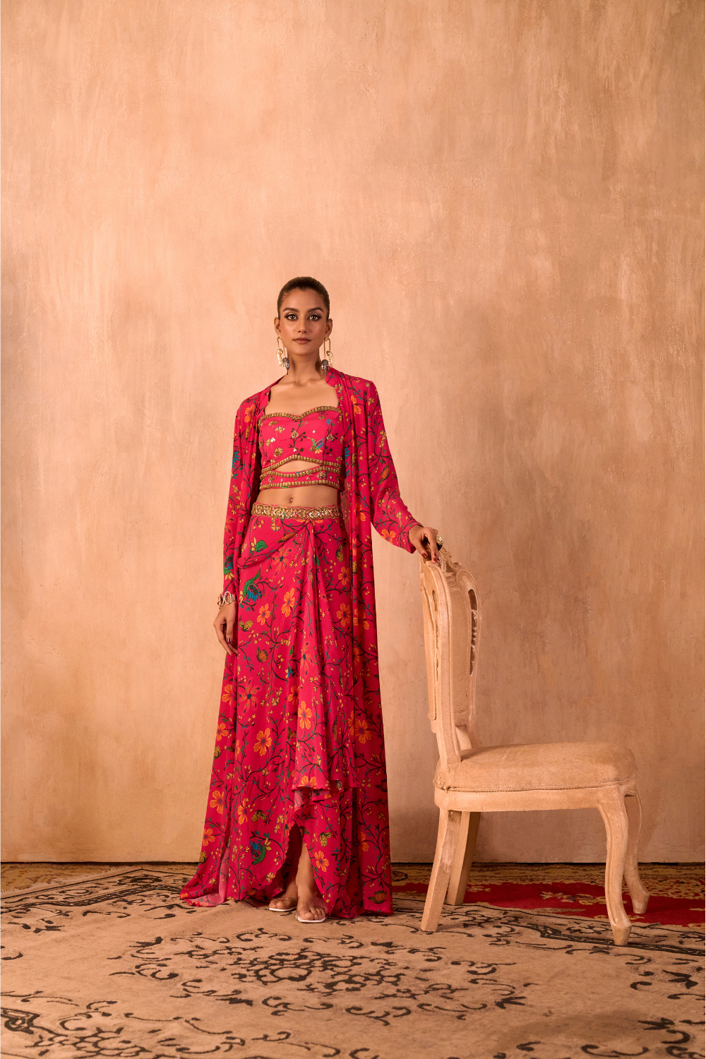 PINK PRINT EMBROIDERED CHOLI, DRAPED SKIRT AND JACKET SET