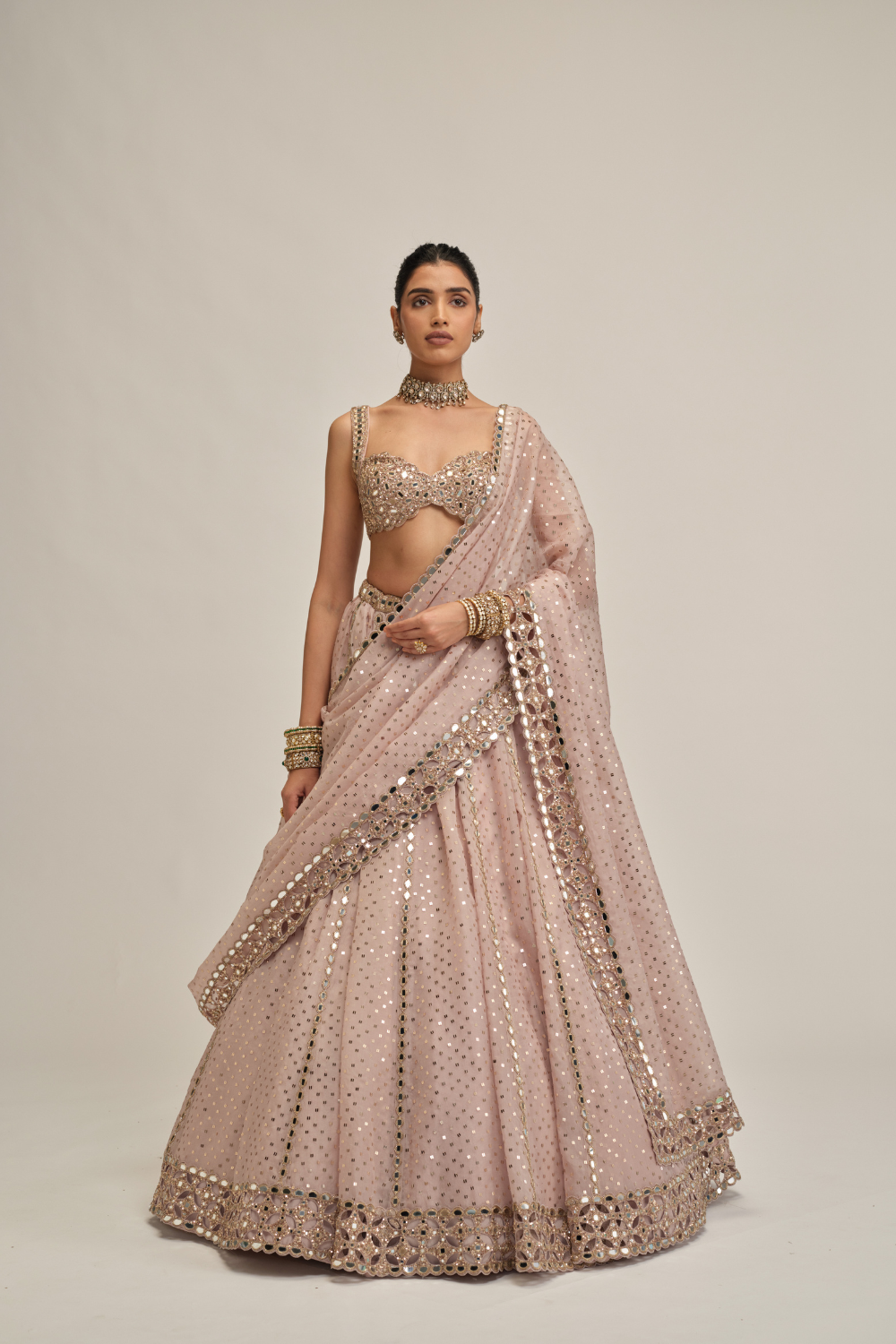 Ash Pink Linear Mirror Sequins Embroidered Lehenga Set