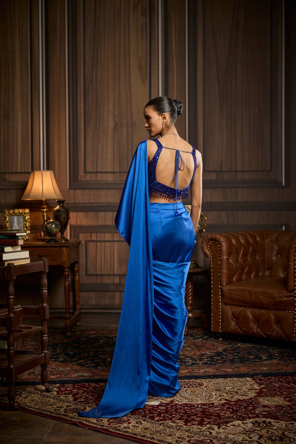 ELECTRIC BLUE EMBELLISHED BLOUSE AND PRE-DRAPED DHOTI SAREE SET