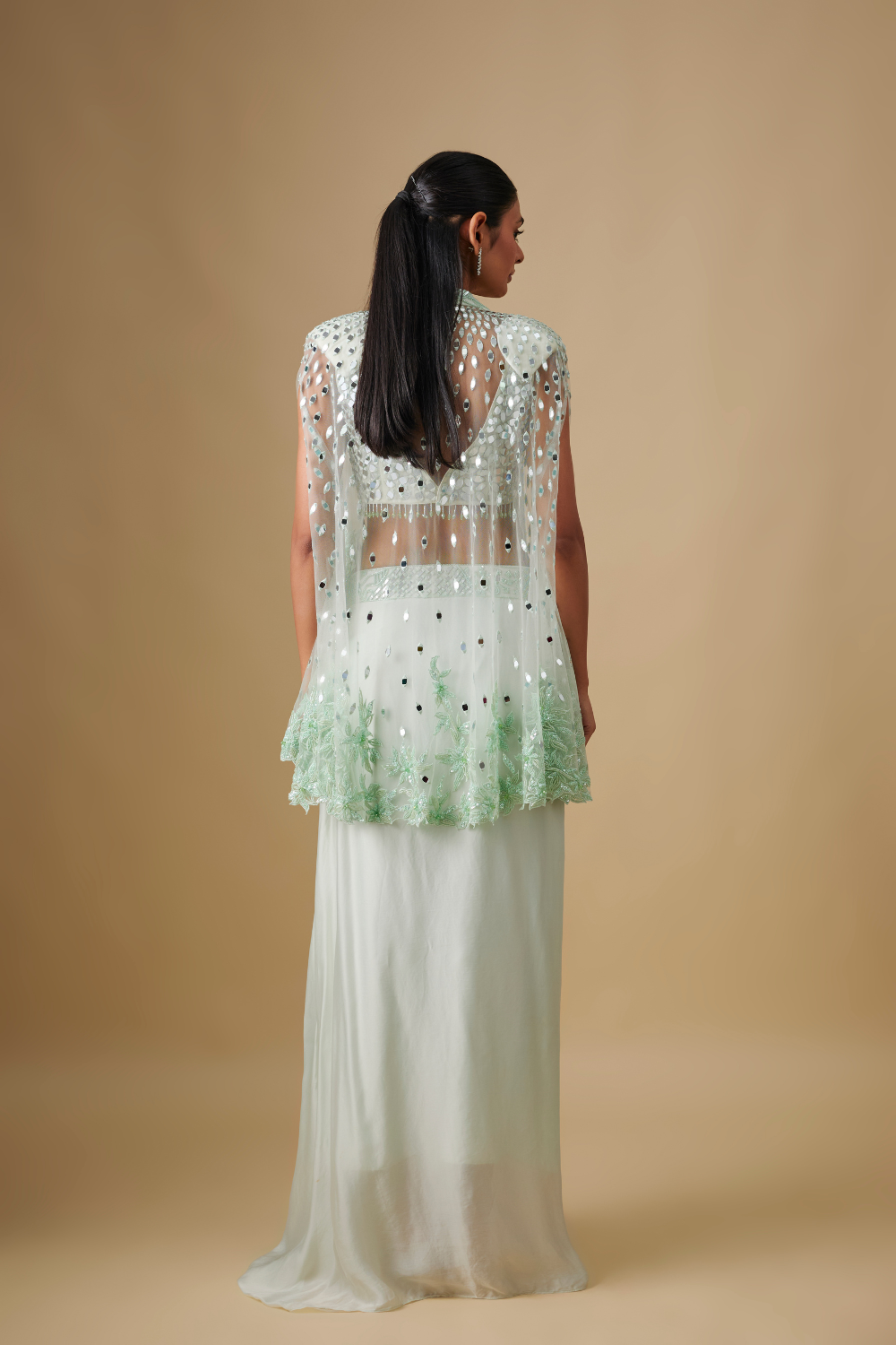 Marlowe- Mint Drape Full mirror Blouse with Cape