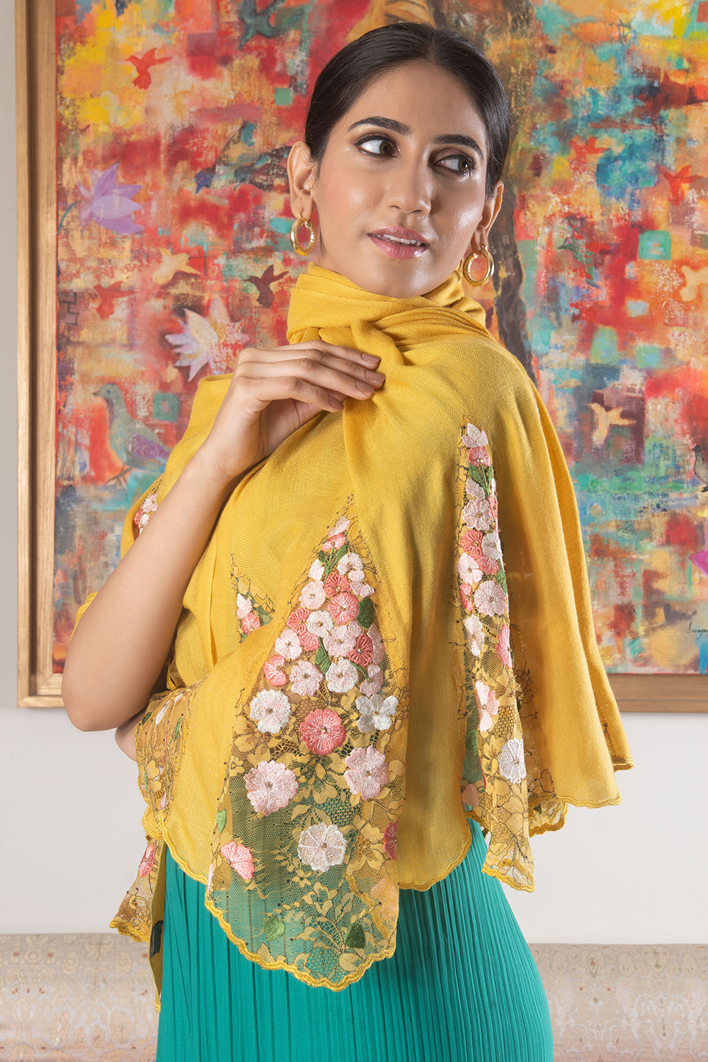 Cherry Blossom Flounce | Embroidered Wool Silk Stole – Spicy Mustard