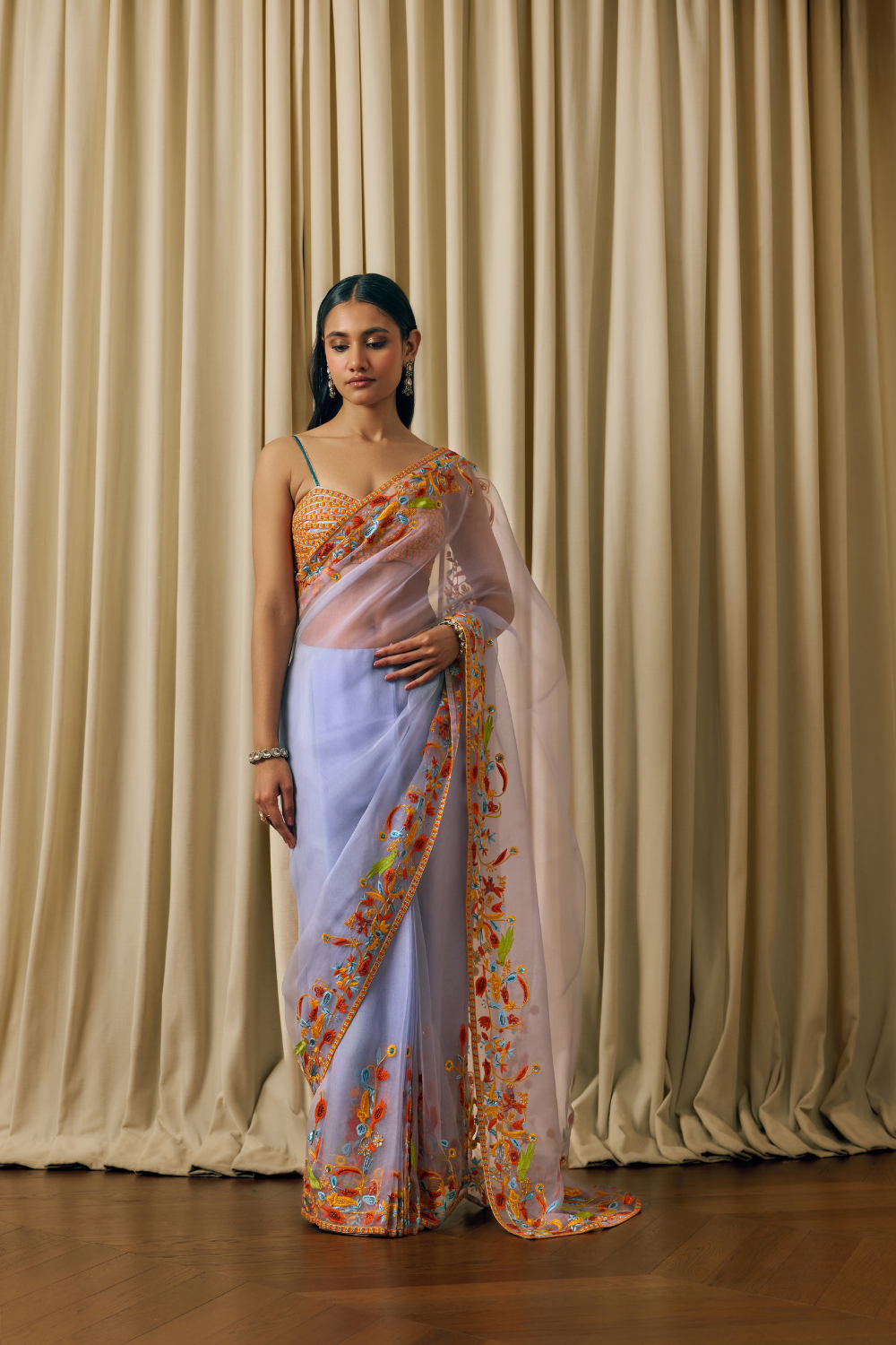 Powder Blue saree with multicolor border