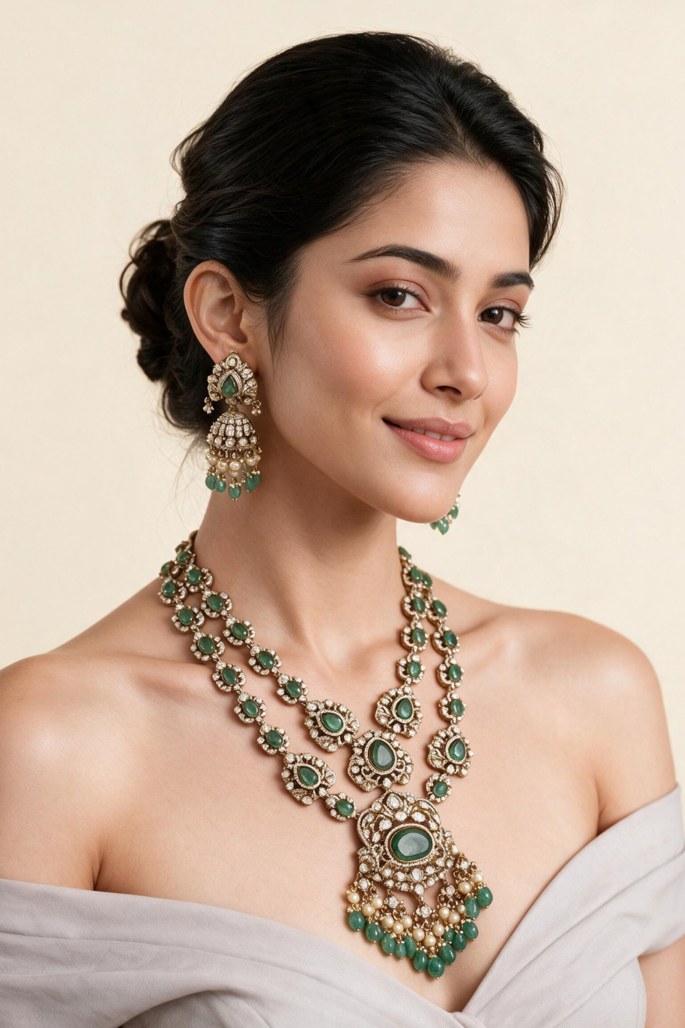Sage Green Moissanite Long Two-Layered Necklace Set