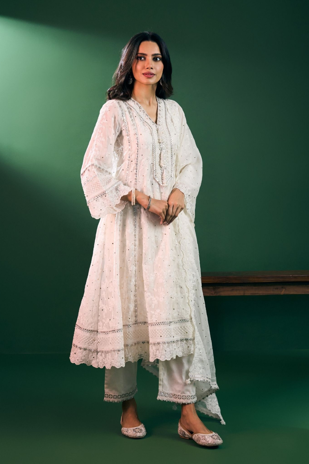 Rupa Organza Off White Anarkali Kurta with Pima Satin Off White Pant Set