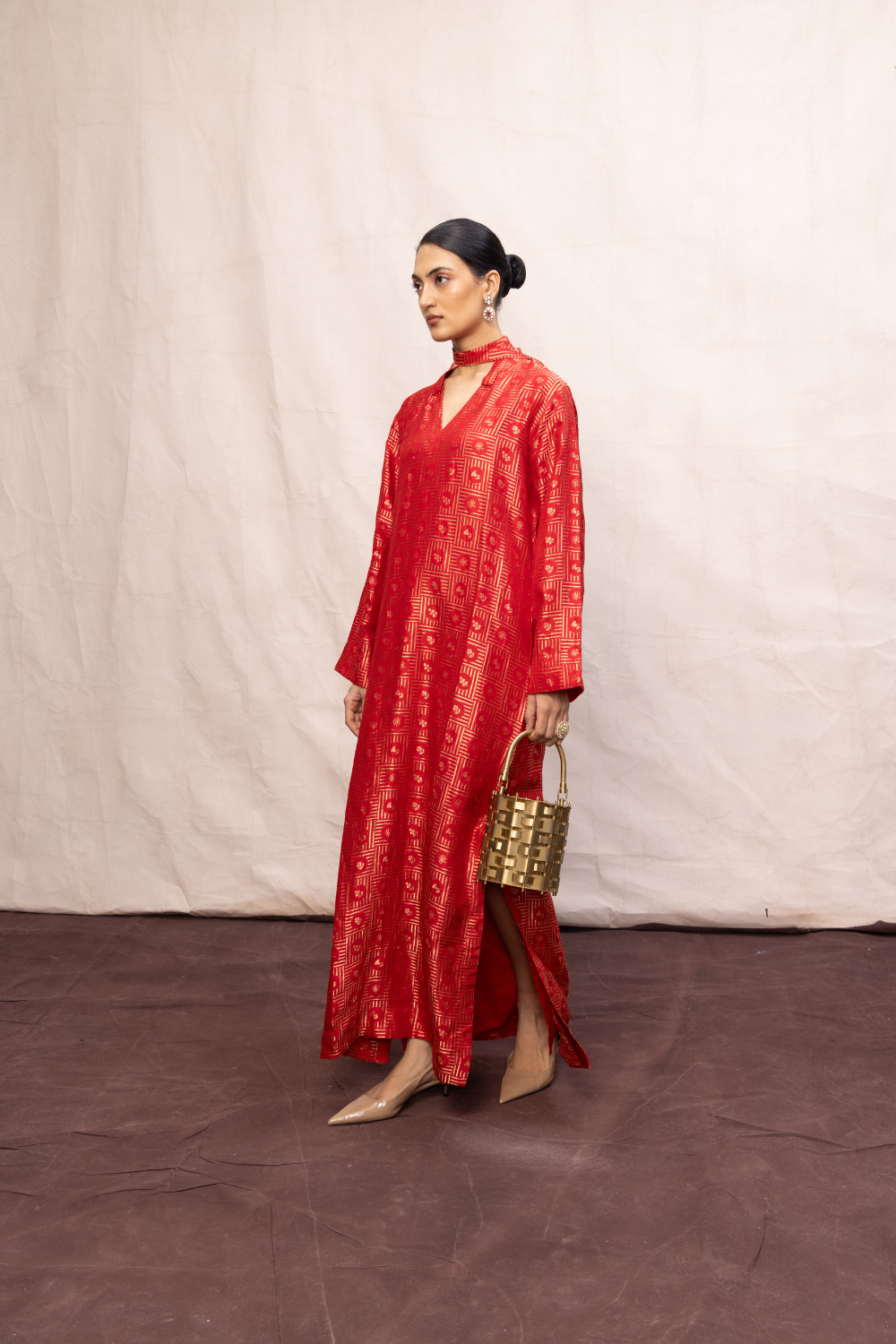 Handwoven Red Silk Embossed Kaftan