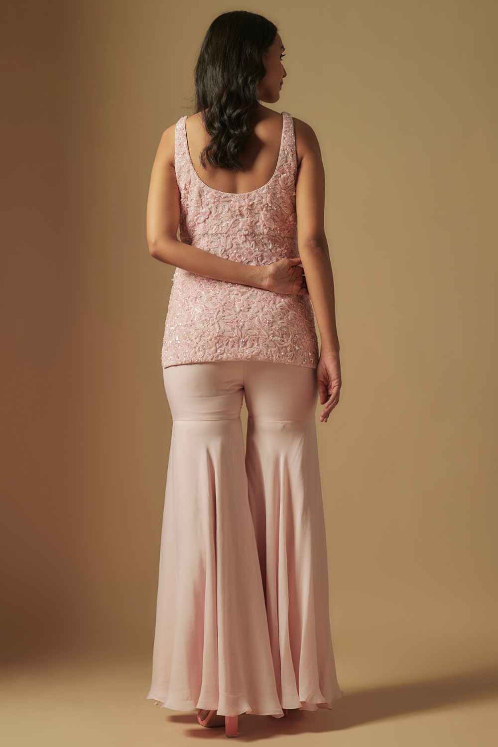 Ixorus Hand embroidered short kurti with sharara and hand embroidered dupattta