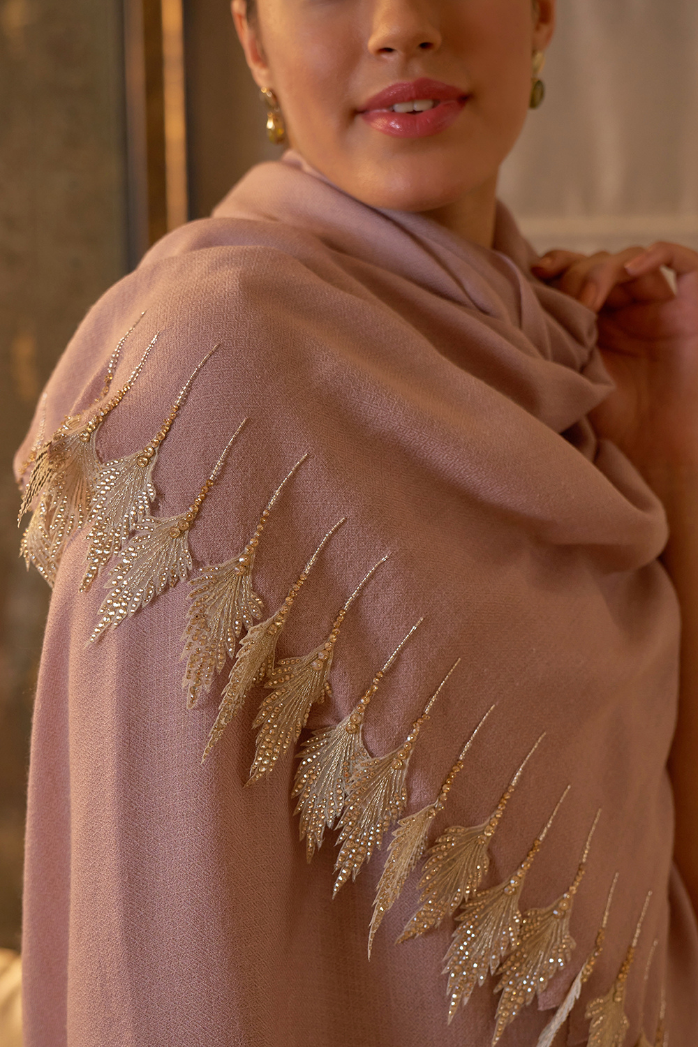 Leafy Sparkle | Embroidered Wool Silk Stole – Pale Mauve