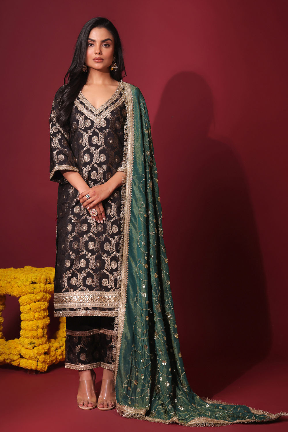 Black Brocade Kurta and Pant with dupatta