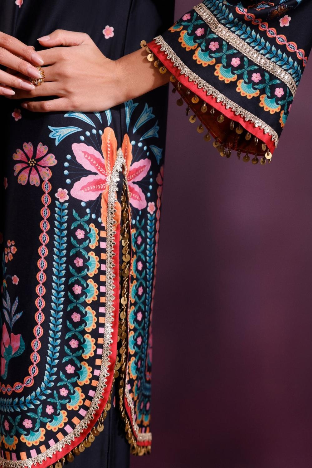 Omira Pima Satin Printed Black Kurta Set