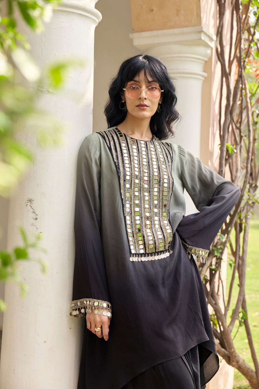 BLACK - GREY OMBRE EMBROIDERED KURTI SET