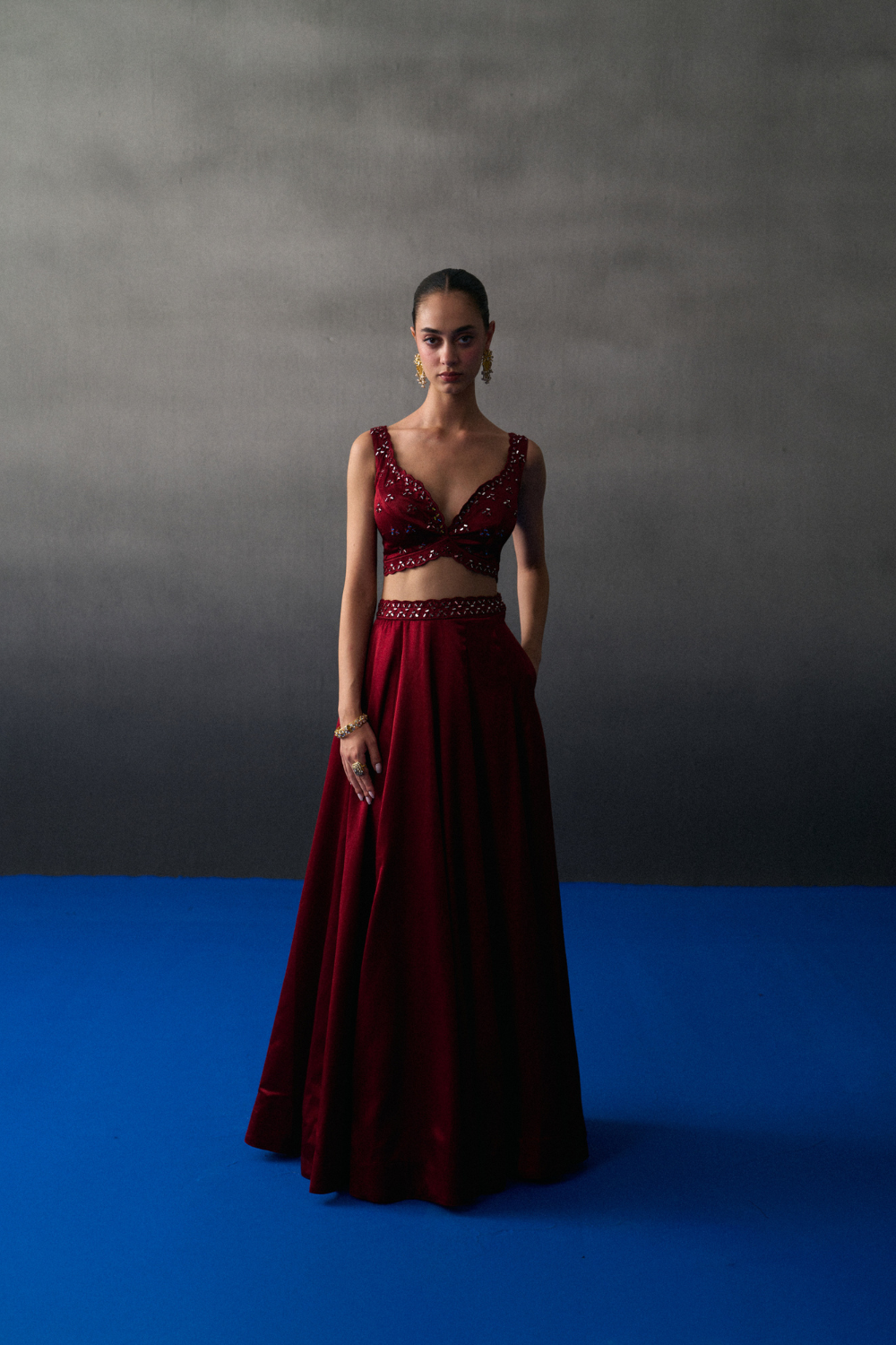 Maroon Satin Silk Skirt Set