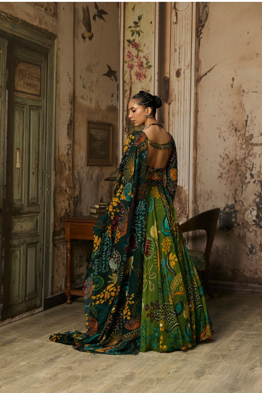 DARK GREEN DUAL PRINTED AND HIGHLIGHTED LEHENGA SET
