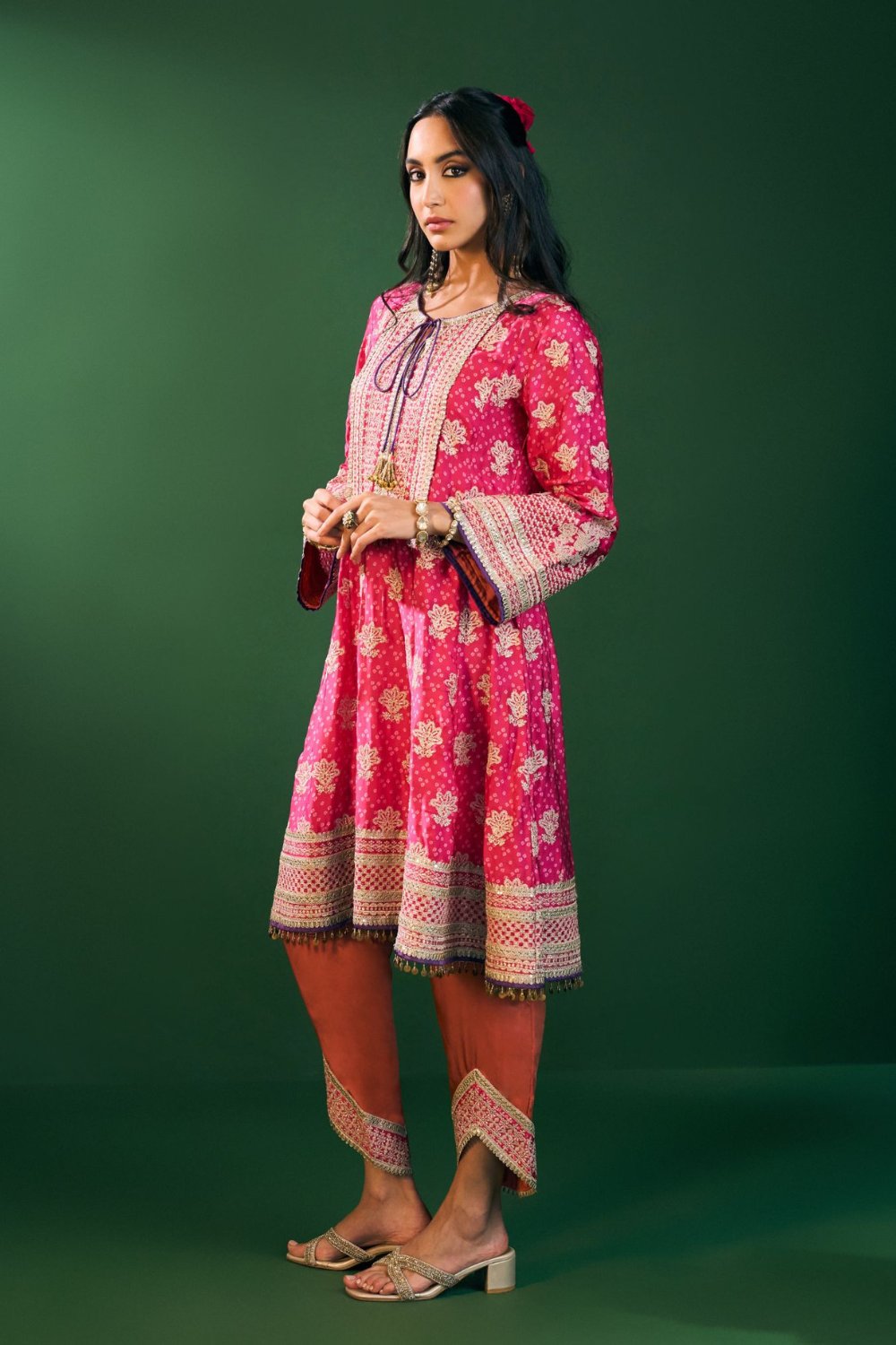 Arvini Cupro Satin Fuschia Anarkali Kurta Set