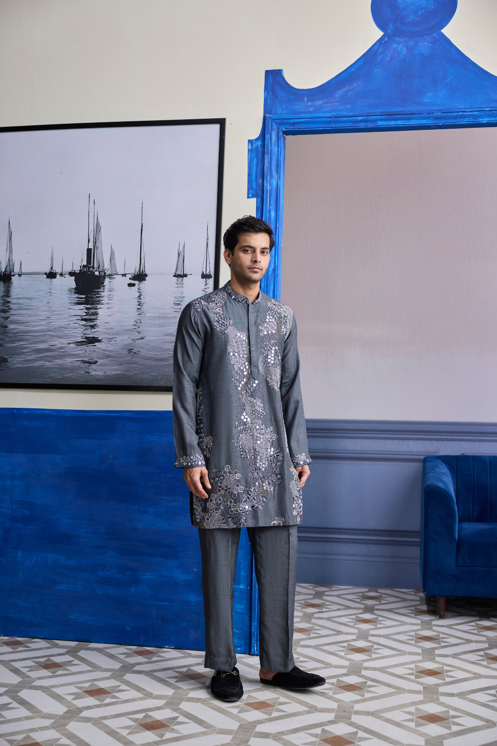 Steel Grey Embroidered Kurta with Pants