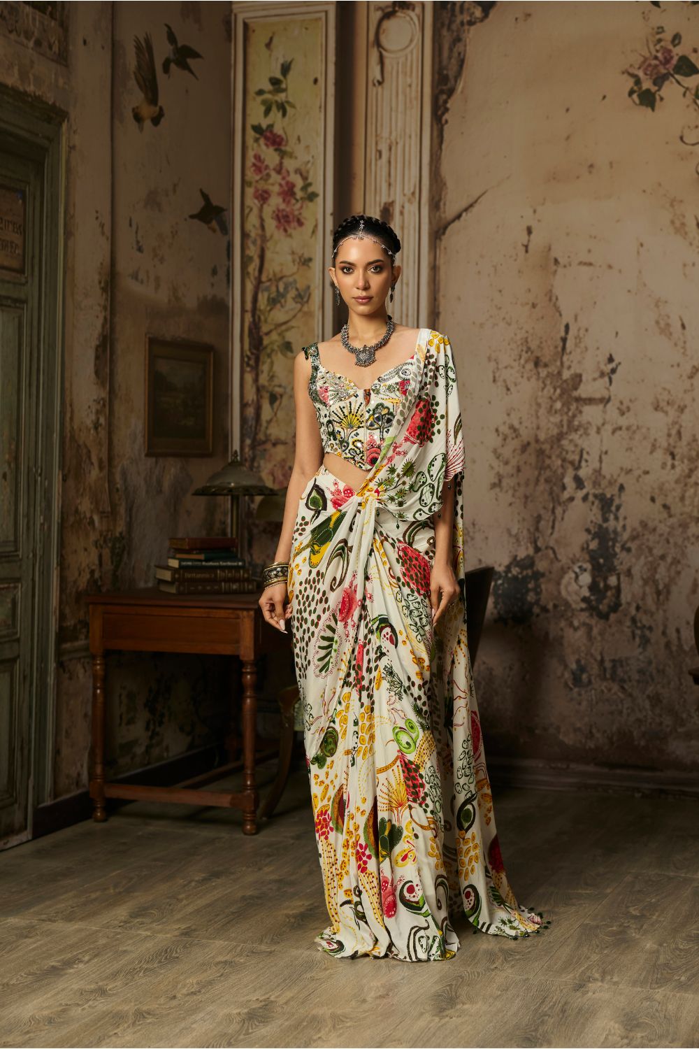 IVORY PRINT AND HIGHLIGHTED CORSET WITH  DHOTI SKIRT SAREE SET