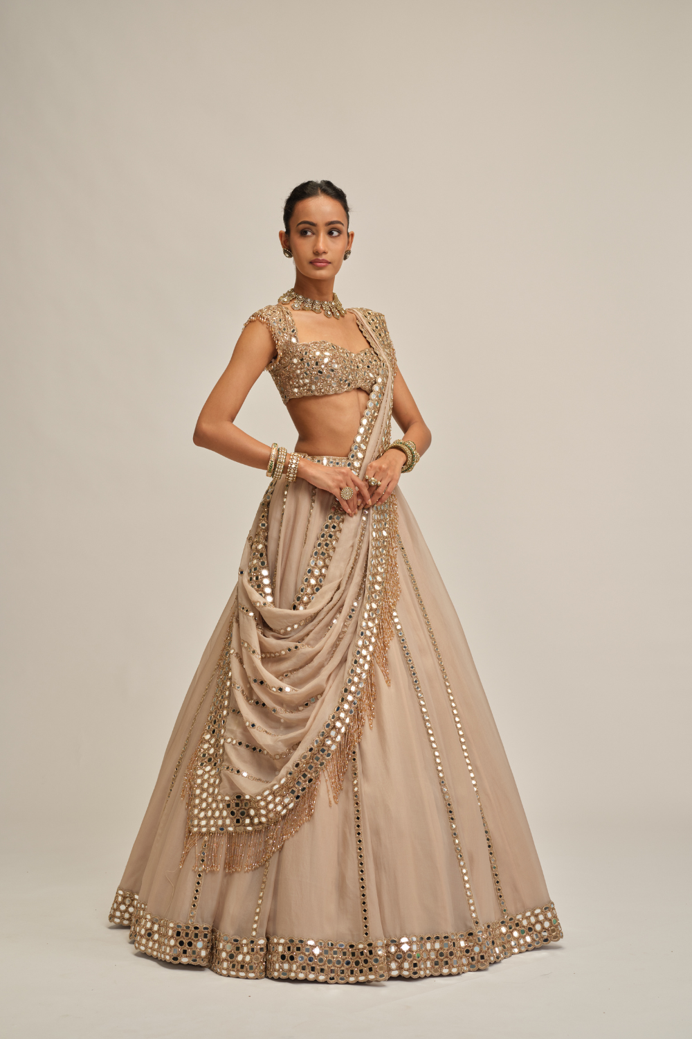 Light Beige Mirror Linear Embroidered Lehenga Set