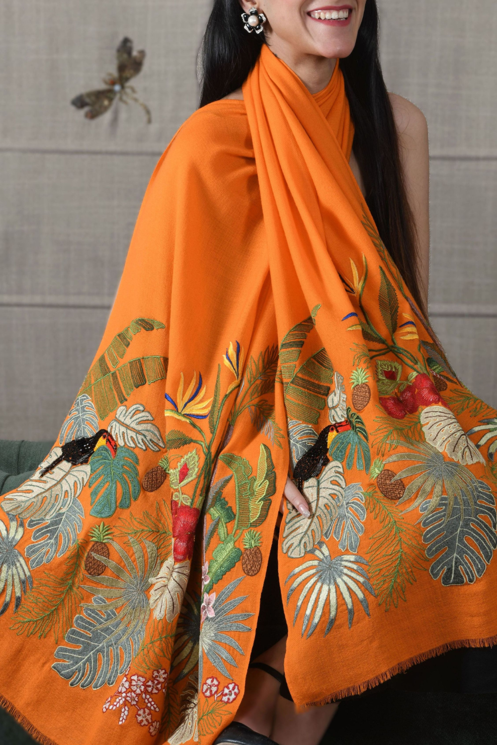 A Toucan's Day | Embroidered Fine Merino Wool Stole – Orange Peel
