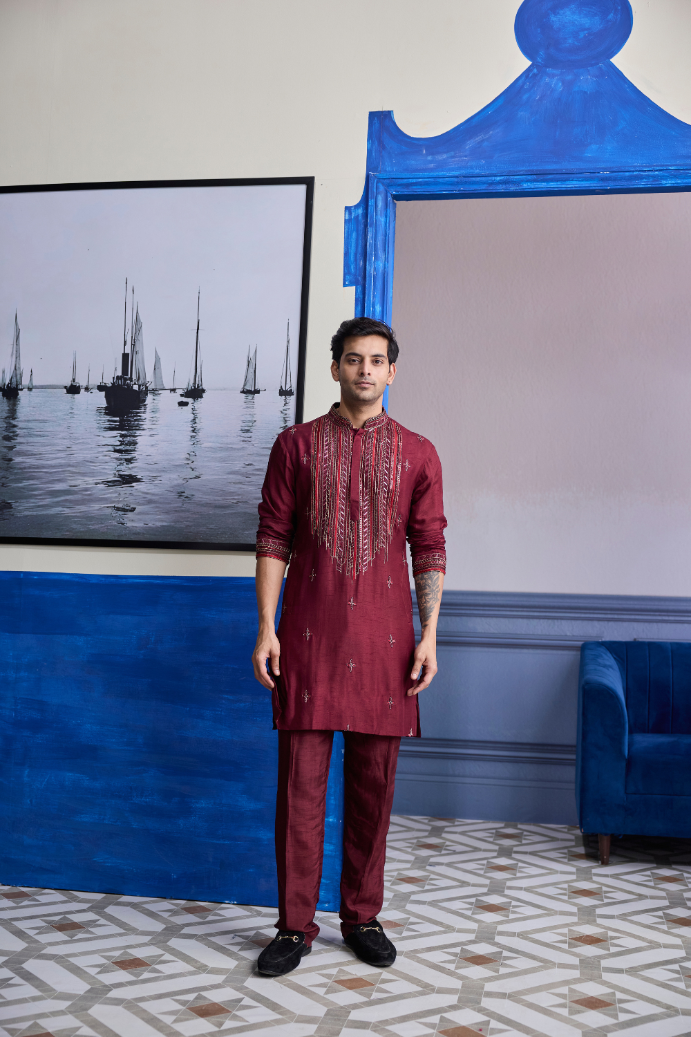 Maroon Embroidered Kurta with Pants