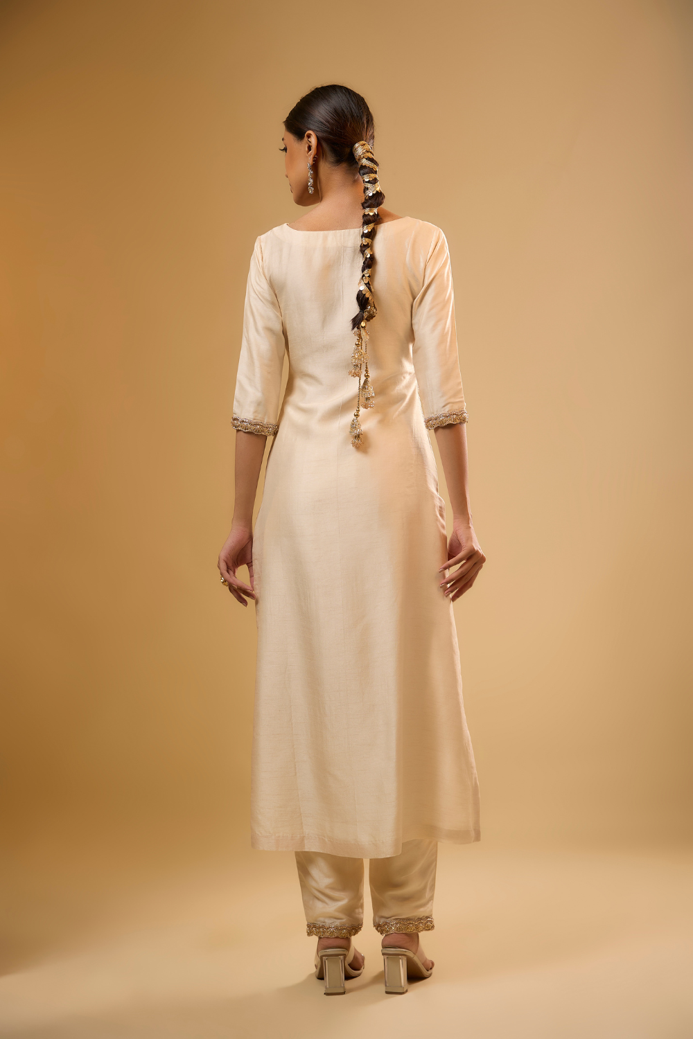 Vanilla white semi dupion kurta pants set with floral gold embroidery
